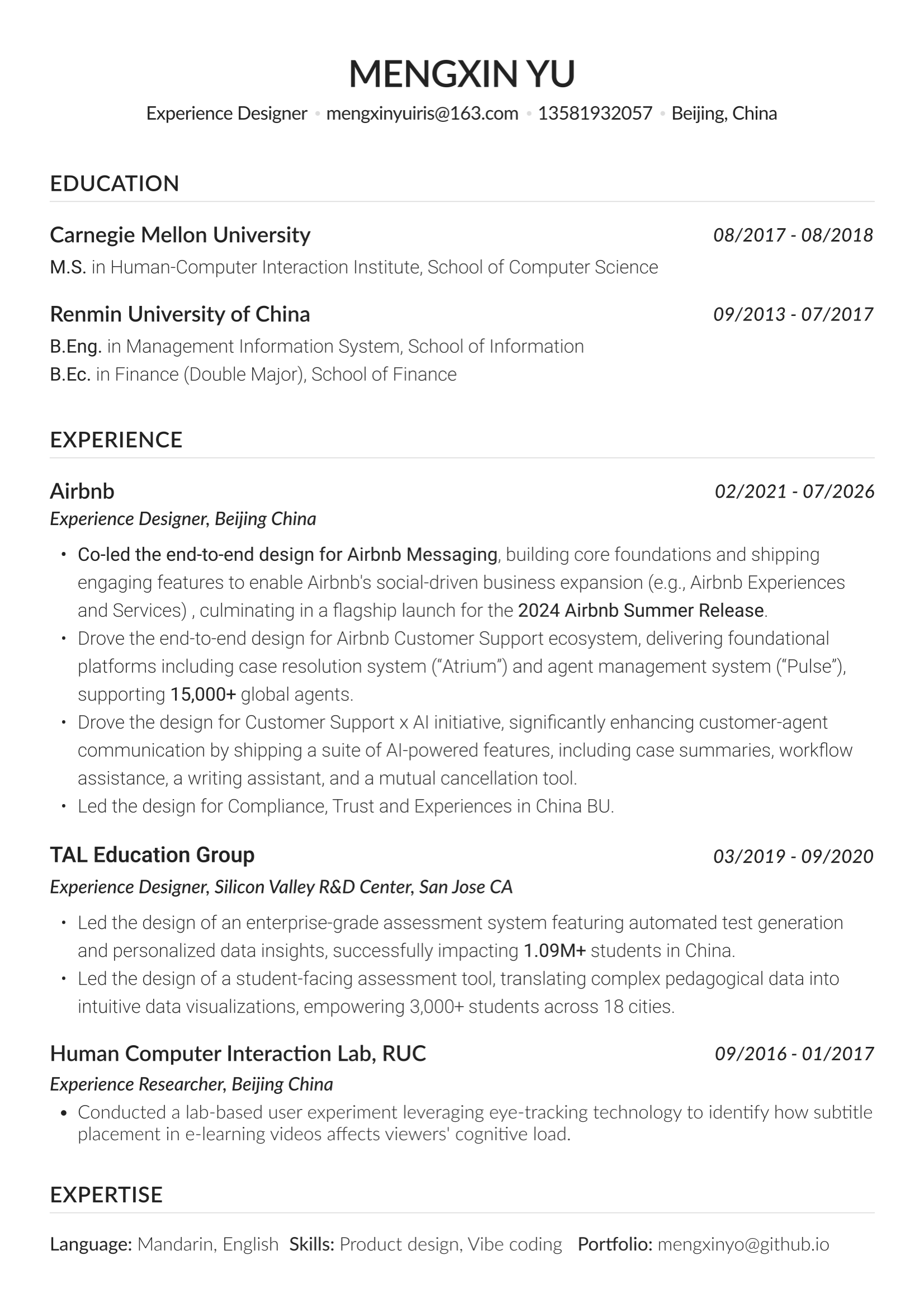 Mengxin Yu — resume